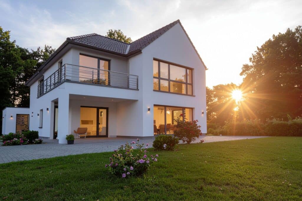 A modern two-story house with large windows and a balcony, surrounded by greenery. The front yard features flower beds and a gray brick pathway. The sun sets in the background, casting warm light on the exterior of the home.