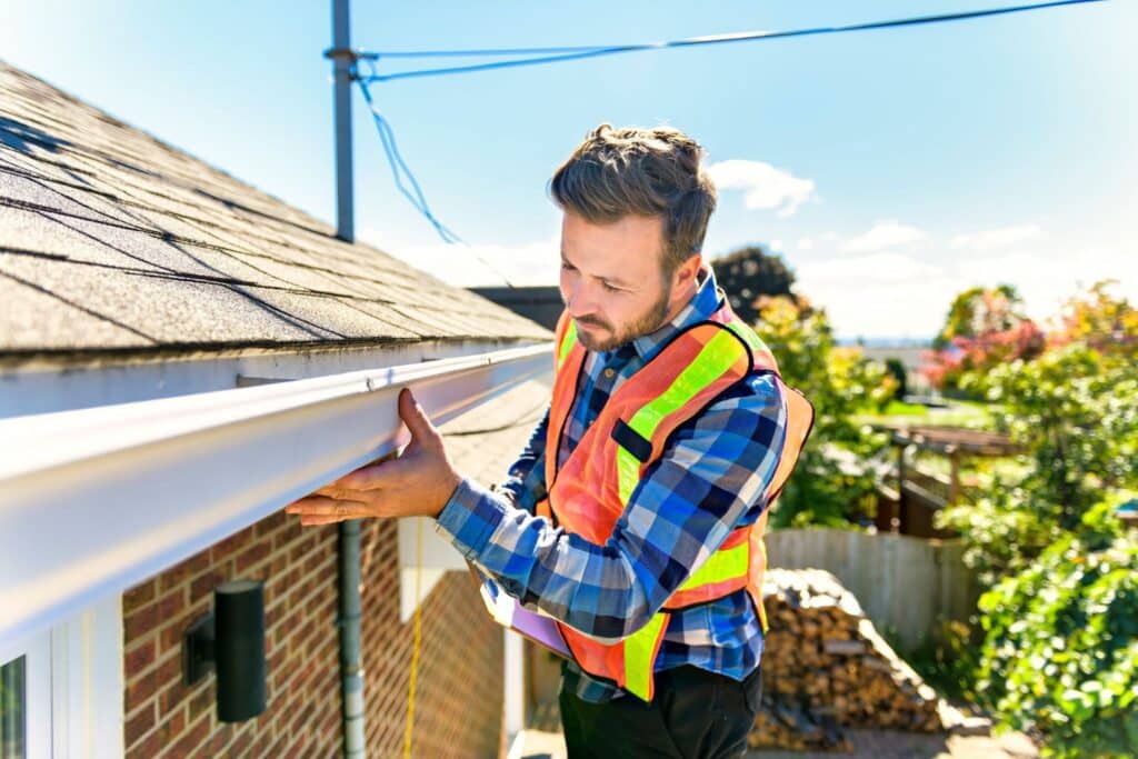A man in a safety vest working on a gutter by the edge of a roof. He is standing on a ladder, inspecting the installation. The background features trees and a wooden fence, indicating a residential area.